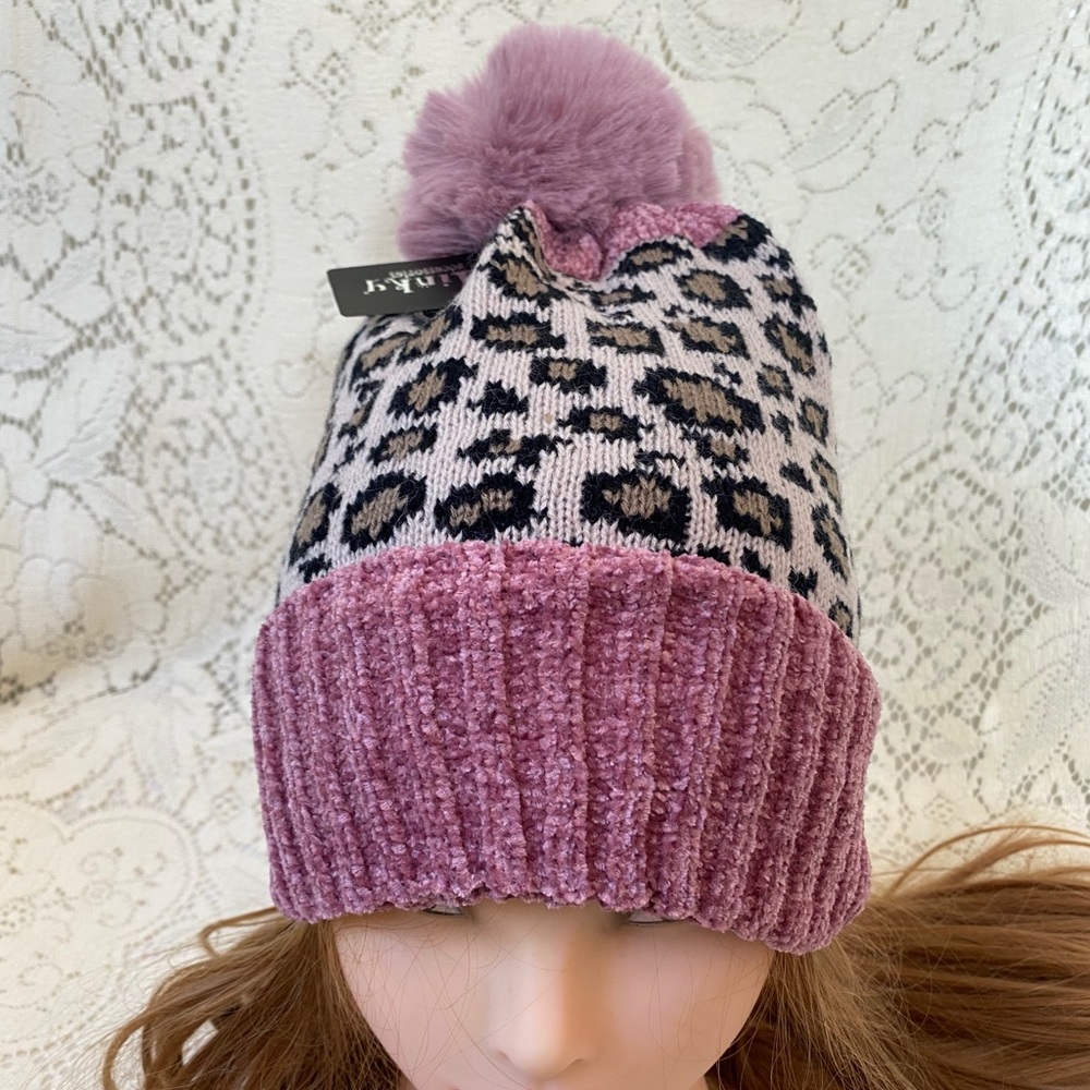 Beige & Rose Pink Trim Pom Pom Leopard Knit Beanie